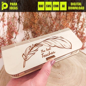 Astuccio in legno per un insegnante tagliato al laser, custodia per penna in legno SVG, piuma SVG, vettore di piume, file di taglio della scatola della penna, regalo per l'insegnante tagliato al laser SVG