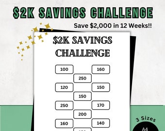 Save 2,000 in 12 Weeks Savings Challenge Printable | Cash Stuffing Challenge | 2K Money Savings Tracker | A4, A6, US Letter Budget Planner