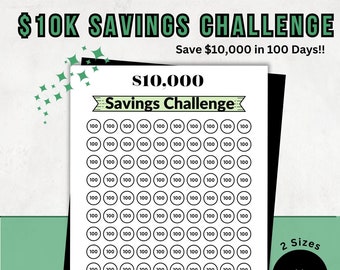 10,000 Savings Challenge | 100 Day Savings Tracker for 10,000| 10K Savings Challenge Printable | A4, US Letter Money Challenge Cash Tracker