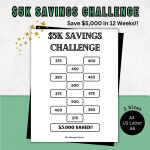 May include: Black and white printable chart for a $5,000 savings challenge. The chart has a grid of numbers to help you save money over 12 weeks. The chart includes the text "$5,000 SAVED!" and "She Manages Money".