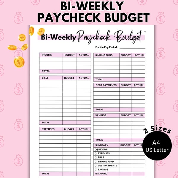 Bi-Weekly Paycheck Budget Template Printable | Budget Sheet for Bi-Weekly Paycheck Breakdown | A4, US Letter PDF Payday Budget Planner