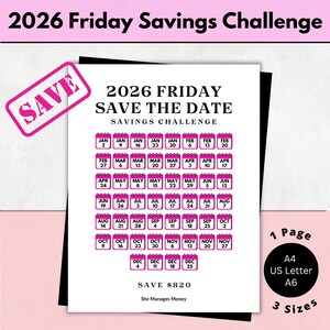 NEW 2026 Friday Save The Date Savings Challenge | Save 820 Dollars in 52 Weeks | Weekly Savings Tracker | Low Income A4, A6, US Letter PDF