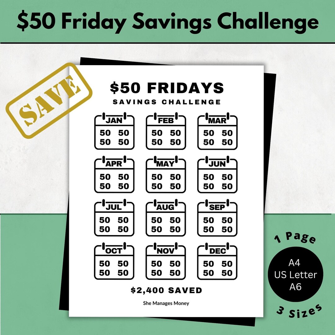 2024 Friday Savings Challenge Printable Save 50 Dollars Weekly Each