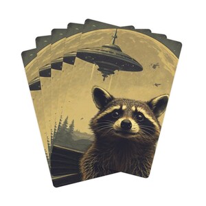 Cartes de poker, OVNI raton laveur, extraterrestre rétro, cartes de poker raton laveur de style vintage, cadeau d'amant de raton laveur