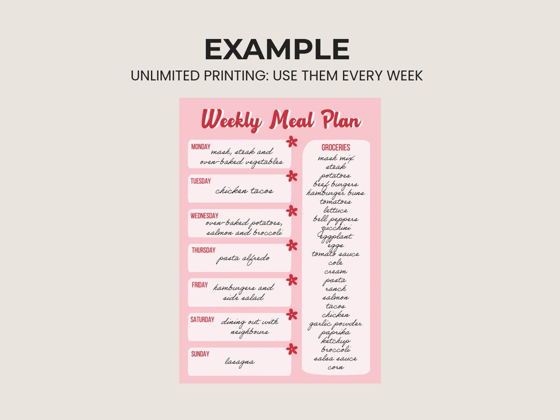 Printable Colorful Weekly Meal Planner, Overview Meals and Groceries ...
