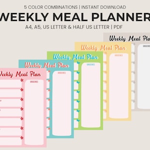 Printable Colorful Weekly Meal Planner, Overview meals and groceries, Flowers, PDF, Download, A4, A5, (Half) US Letter (Funky Edition)