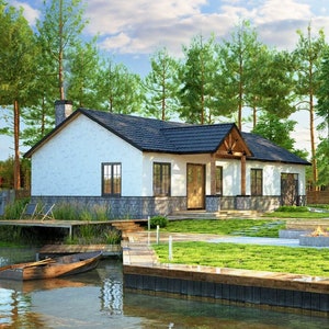 May include: A white cottage with a black roof sits on a lakeside plot. The cottage has a wooden porch and a stone foundation. There are trees in the background and a wooden jetty in the foreground.