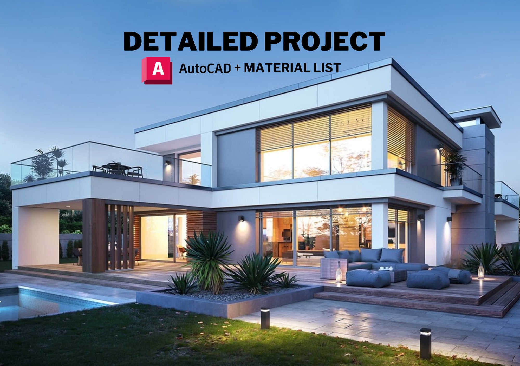 Detailed Contemporary House Plan 15m x 23m- Modern Floor Plans, 4 Bedroom 410 m2, w/ Loft, Bedroom, Garage+ Material List