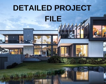 May include: A modern, two-story house with large windows and a flat roof. The house is surrounded by trees and a pond. The house has a large deck with a pergola and a patio with furniture. The house is lit up at night, creating a warm and inviting atmosphere.