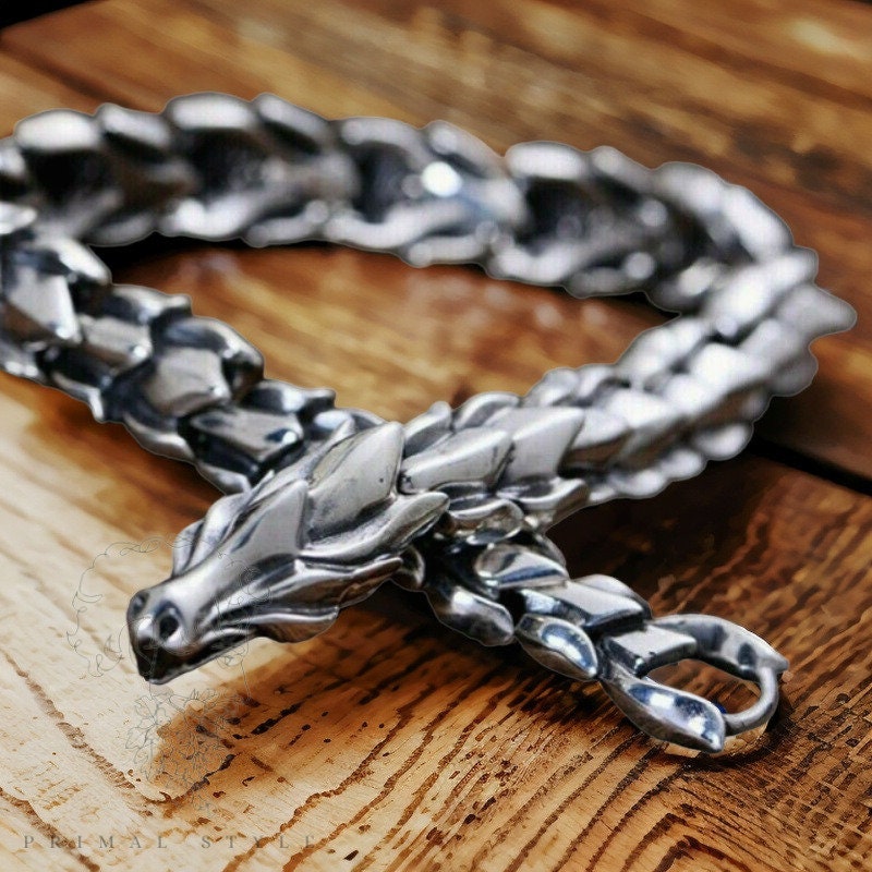 DROGON NECKLACE Black Braided Leather Necklace with Steel Dragon Beads