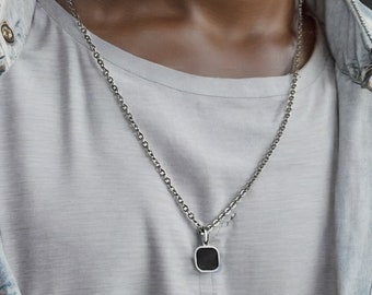 Black Onyx Square Pendant Necklace Stainless Steel Necklaces for Women Men Silver Color Clavicle Chains Jewelry Gift For Him