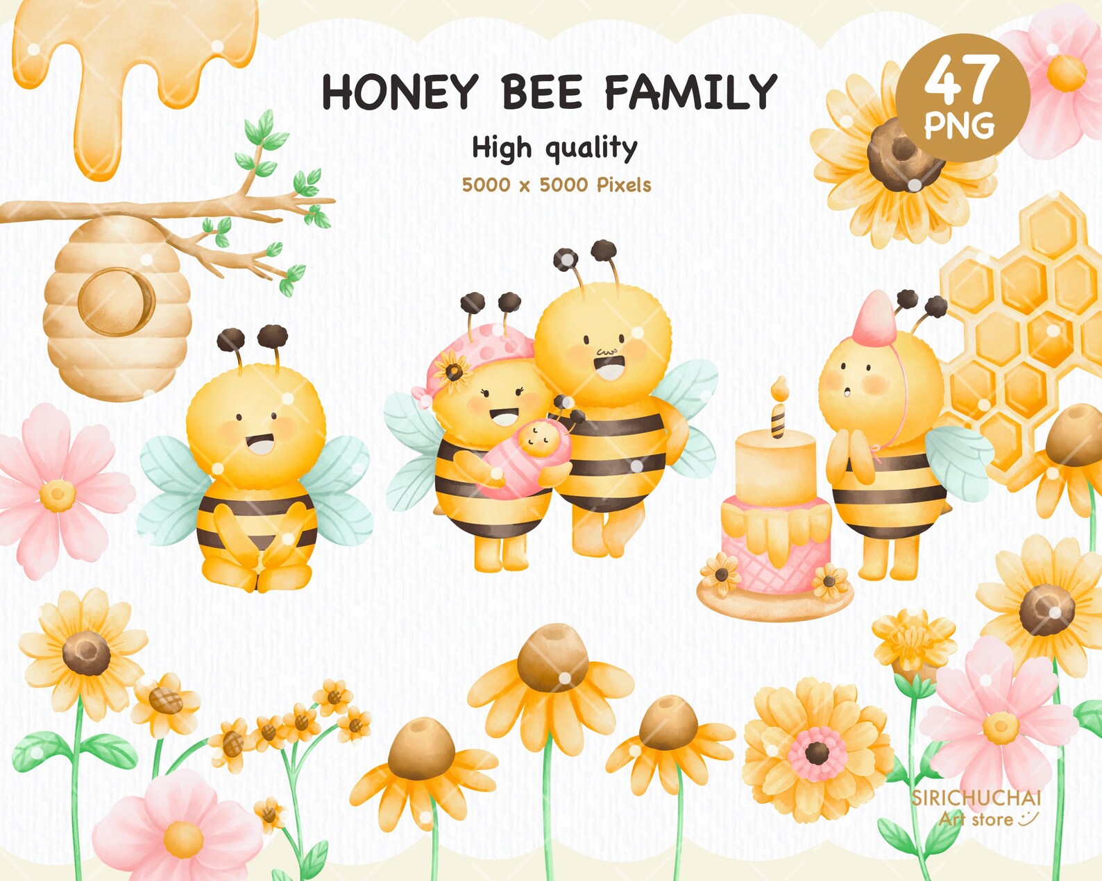 Honey Bee Family PNG Clipart, Watercolor Bee Graphics, Commercial Use ...