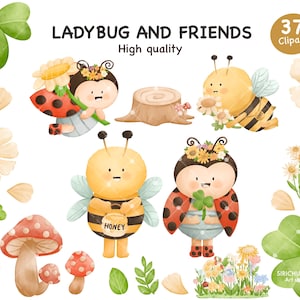 May include: A set of 37 watercolour clipart images featuring cute cartoon ladybugs, bees, and flowers. The images are perfect for creating digital or printed designs.