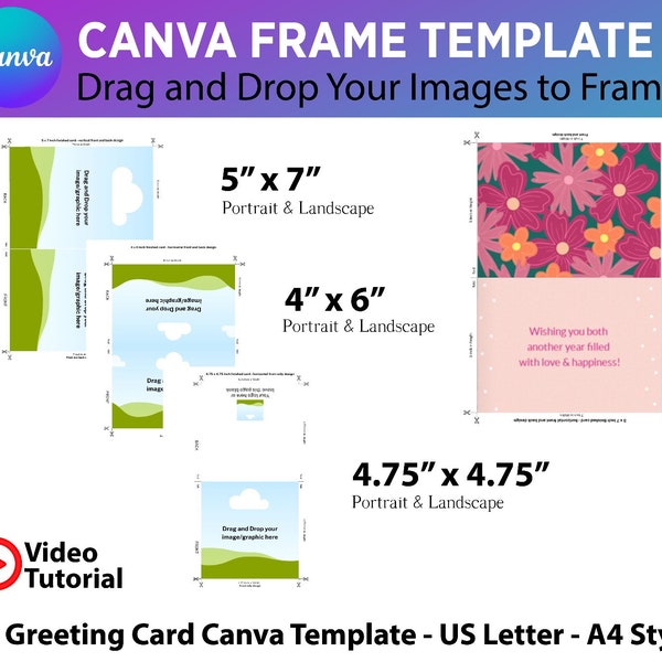 Greeting Card Drag & Drop 4x6, 5x7, 4.75x4.75 Printable Canva Card Design Template A4 US Letter