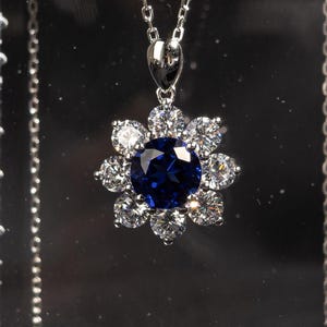 Lab Grown Blue Sapphire Flower Pendant Necklace, Sterling Silver Halo Necklace, Cluster Pendant Necklace, Dainty Gemstone Jewelry