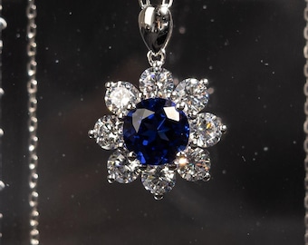 Lab Grown Blue Sapphire Flower Pendant Necklace, Sterling Silver Halo Necklace, Cluster Pendant Necklace, Dainty Gemstone Jewelry