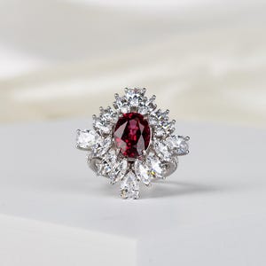 3.36 Carat Oval Natural Garnet Stone Ring, Natural Garnet Ring, Diana Halo Garnet Engagement Ring, Red Gemstone Ring, Garnet Promise Ring