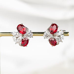 5.09 Carat Lab Grown Ruby Floral Stud Earrings, Oval Ruby with White Accents, July Birthstone Jewelry, Elegant Gift for Her