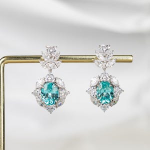 7.20 Carat Lab Grown Paraiba Tourmaline Drop Earrings, Neon Blue Dangle Earrings, 14k Gold Paraiba Earrings, Oval Shaped Wedding Earrings