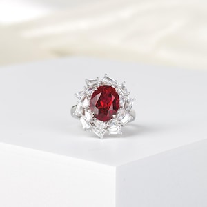 Natural Garnet Engagement Ring, 4 Carat Oval Garnet Diana Halo Ring, Vintage Red Gemstone Jewelry, January Birthstone Gift for Her