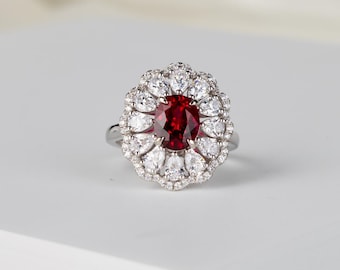 2 Carat Oval Lab Grown Ruby Engagement Ring, Ruby Stone Ring, Red Gemstone Ring, Halo Ring, Ruby Promise Ring, July Birthstone Ring