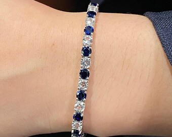 Bracciale tennis con zaffiri blu royal coltivati in laboratorio, in argento sterling, zirconi bianchi e diamanti, di lusso per donna