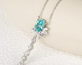 Paraiba Turmalin Anhänger Halskette, Dekolleté Halskette, Zierliche Y-Halskette, Brautschmuck, Multi-Stein Halskette, Boho Schmuck
