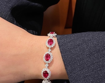Lab Created Ruby Halo Bracelet Sterling Silver CZ Diamond Tennis Bracelet Luxury Gift for Her
