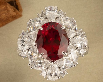 5 Carat Oval Red Ruby Ring, Sterling Silver Ruby Ring, Vintage Ruby Jewelry, Lab Grown Ruby Engagement Ring