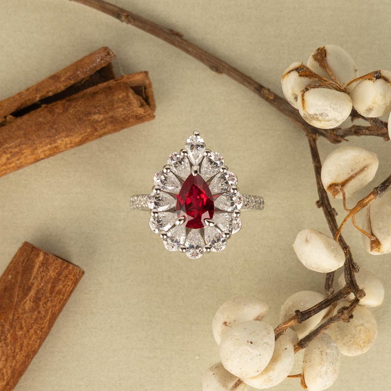 Pear Cut Lab Red Ruby Ring, Sterling Silver Ruby Ring, Vintage Ruby ...
