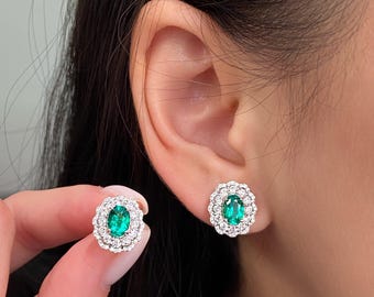 Lab Grown Emerald Stud Earrings, Oval Cut Emerald Earrings, Emerald Halo Jewelry, Anniversary Birthday Gifts for Her