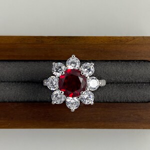 Pigeon Blood Lab Grown Ruby Ring, Round Cut Ruby Engagement Ring, 14K Gold Sunflower Halo Ring, Diana Cocktail Ring, Gift For Her