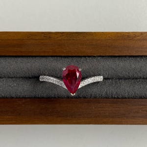 Pigeon Blood Lab Grown Ruby Ring, Pear Cut Chevron Engagement Ring, 14K Gold Curved Stacking Ring, Minimalist V Shaped Promise Ring