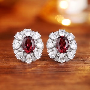 3.10 Carat Oval Genuine Natural Garnet Stud Earrings, Red Gemstone Earrings, Red Bridal Earrings, Halo Earrings, July Birthstone Earrings