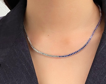 Lab Grown Sapphire Tennis Necklace, Rainbow Ombre Gemstone Choker, Princess Cut Multicolor Sapphire, 14K Solid Gold Anniversary Gift