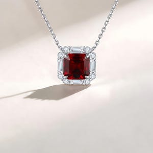 Asscher Cut Lab Grown Ruby Pendant Necklace, Red Birthstone Pendant, Ruby Necklace