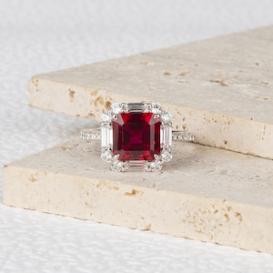 Lab Grown Ruby Ring, 3.5 carat Asscher Cut Ruby with Diamond Halo & Baguette Accents, 18K White Gold Engagement Ring