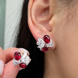 Lab Grown Ruby Stud Earrings Cluster Oval Marquise Diamond Sterling Silver Luxury Red Gemstone Jewelry Gift for Her