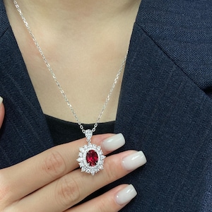 Pigeon Blood Red Lab Ruby Cluster Halo Necklace - Luxury Oval Diamond Pendant Gift for Her