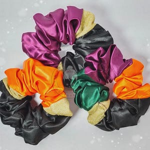Handmade Halloween Silk Scrunchie Set: Gothic Black Cat, Witch & Bat Design