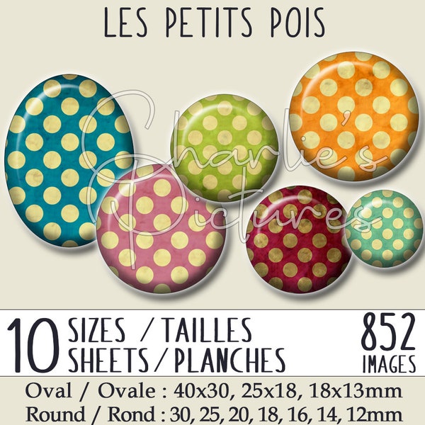 852 images bijoux cabochons à imprimer, 10 tailles / 10 planches à imprimer - Planches Images cabochons - Pois effet vieilli - Ref. #28