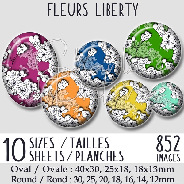 852 images bijoux cabochons à imprimer, 10 tailles / 10 planches à imprimer - Images fleurs liberty en relief - Ref. #25