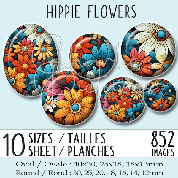 852 images bijoux cabochons à imprimer, 10 tailles / 10 planches à imprimer - Planches Images cabochons fleurs style hippie - Ref. #49