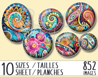 852 images Coloring Flowers for jewelry making - round & oval - 10 sizes / 10 files - Digital Collage Sheets, Instant Download - Ref. #45