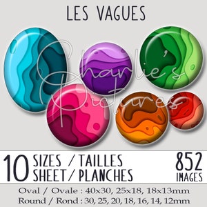 852 images bijoux cabochons à imprimer, 10 tailles / 10 planches à imprimer Planches images vagues jaune bleu fuchsia Ref. 18 image 1