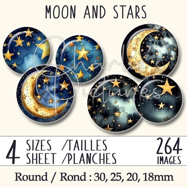 264 images Moon and Stars for jewelry making - round only - 4 sizes / 4 files - Digital Collage Sheets, Instant Download - Ref. #34