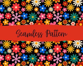 Retro Flower Power Seamless Pattern | 4000x4000px PNG Digital Paper | Bold Groovy Floral Background