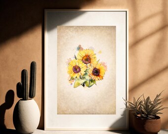 Sunflowers for Wall Art Watercolor Print Instant Download