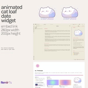 Puede incluir: Widget de fecha animado de pan de gato para Notion y Obsidian. El widget presenta un lindo gato de dibujos animados con un diseño degradado rosa y azul. El texto "2SEP 2023" se muestra en el widget.