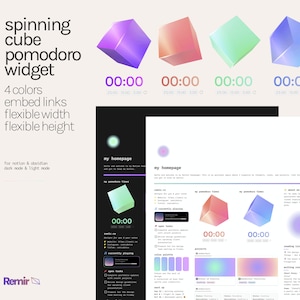 May include: A digital illustration of a spinning cube pomodoro timer widget. The widget has four color options: purple, red, green, and blue. The widget is designed for use in Notion and Obsidian, and it can be used in both dark and light mode. The widget features a timer with a 25-minute work session, a 15-minute break, and a 5-minute short break.